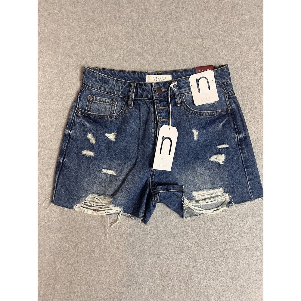 Women High Rise Nature Denim Cutoff Shorts Blue Small Distressed Designer NWT